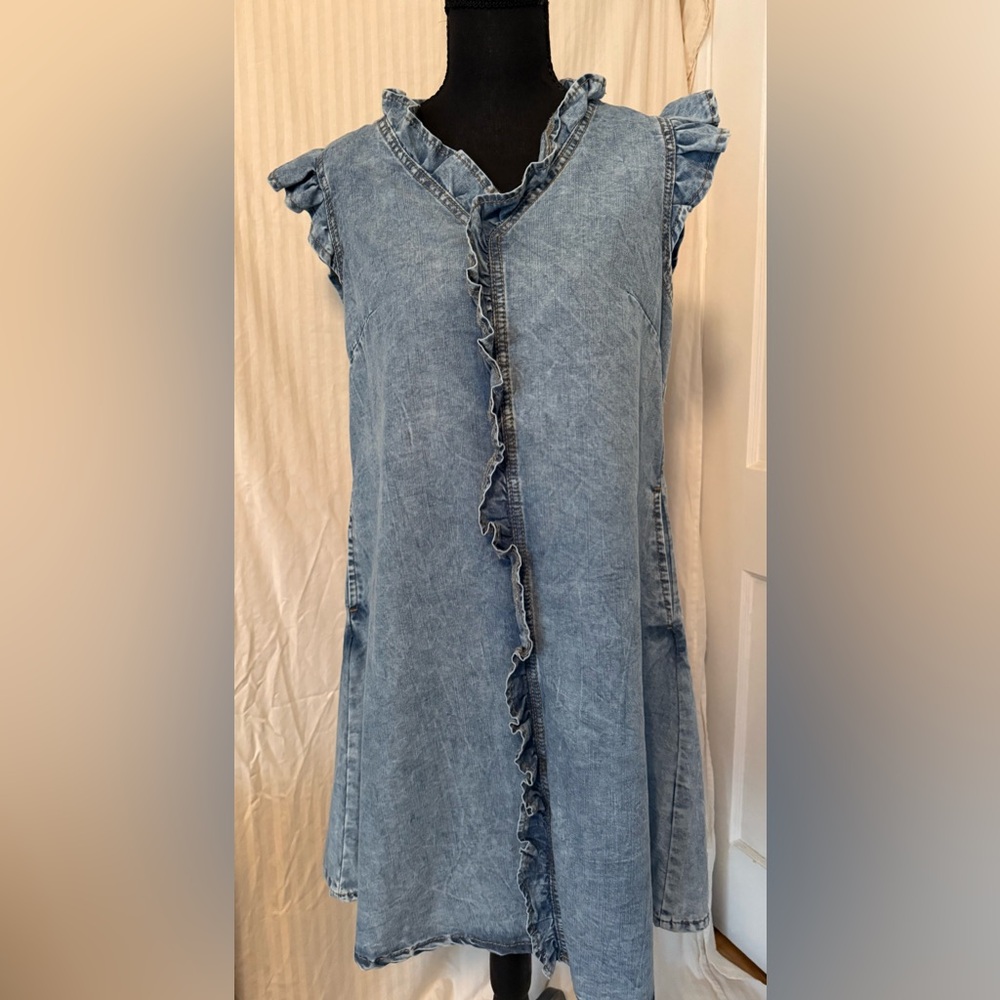 SHEIN Light Blue Washed Denim Dress with Ruffle Trim